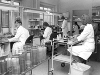 828013 Afbeelding van een aantal analistes aan het werk op het bacteriologisch laboratorium in het Diakonessenhuis ...